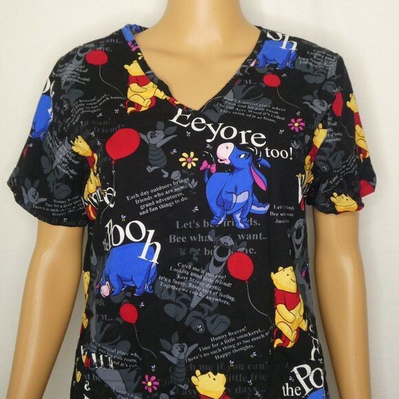 Disney Winnie the Pooh Eeyore Medical Scrubs Top Shirt Pockets V Neck Tigger XS - Picture 2 of 10